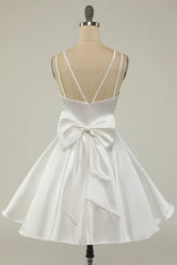 White Deep V-Neck Satin A-Line Homecoming Dress with Bow Back View