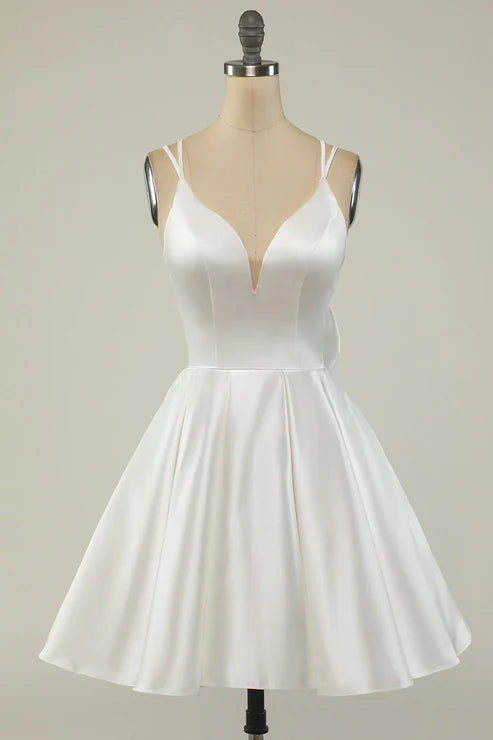 White Deep V-Neck Satin A-Line Homecoming Dress with Bow