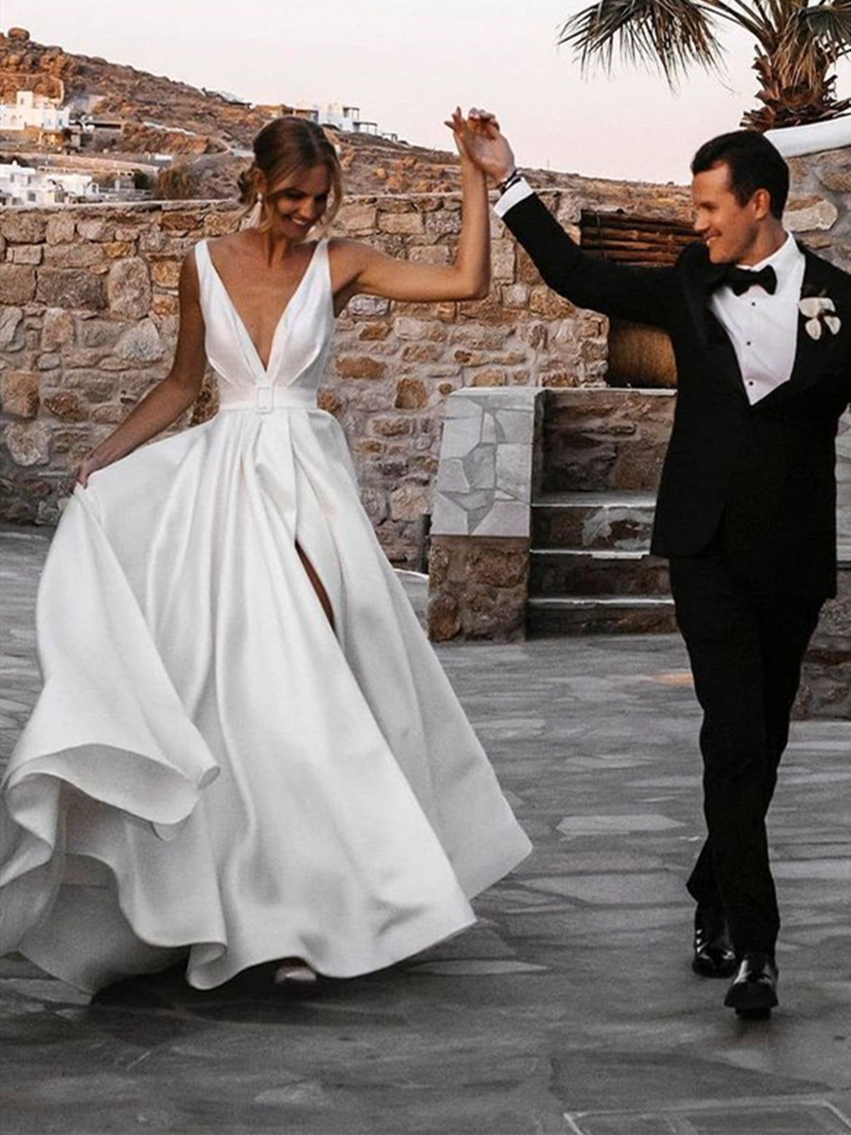 White Deep V-Neck Satin A-Line Sweep Train Wedding Dress with Slit and Pockets