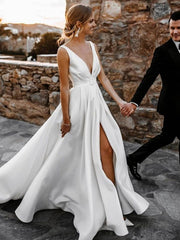White Deep V-Neck Satin A-Line Sweep Train Wedding Dress with Slit and Pockets