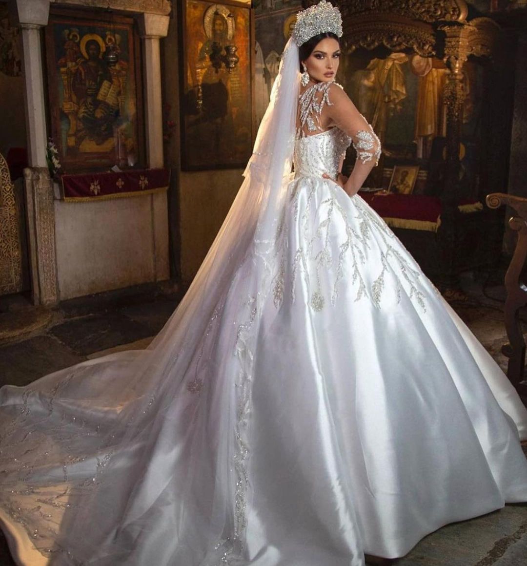 White Deep V-Neck Satin Ball Gown Wedding Dress with Beading Back View
