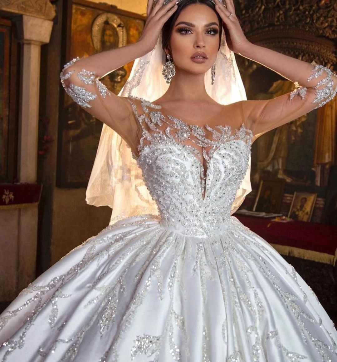 White Deep V-Neck Satin Ball Gown Wedding Dress with Beading Bodice Detail