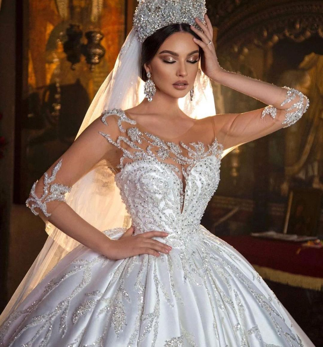 White Deep V-Neck Satin Ball Gown Wedding Dress with Beading Bodice Detail