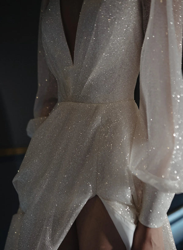 White Deep V-Neck Sequin A-Line Sweep Train Wedding Dress with Long Sleeves and Slit Bodice Detail