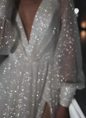 White Deep V-Neck Sequin A-Line Sweep Train Wedding Dress with Long Sleeves and Slit Bodice Detail