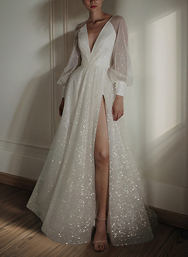 White Deep V-Neck Sequin A-Line Sweep Train Wedding Dress with Long Sleeves and Slit