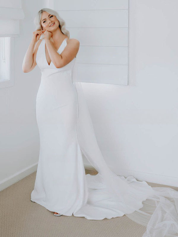 White Deep V-Neck Sheath Wedding Dress with Cape