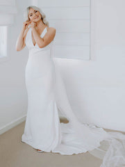 White Deep V-Neck Sheath Wedding Dress with Cape