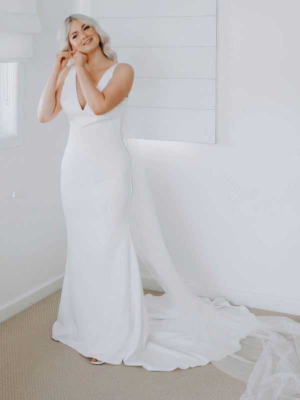 White Deep V-Neck Sheath Wedding Dress with Cape