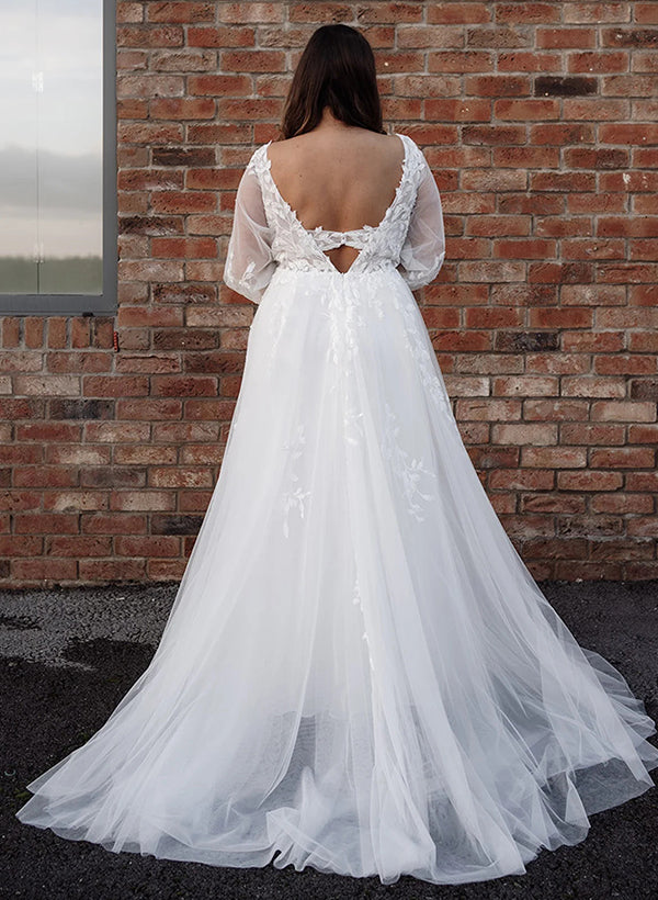 White Deep V-Neck Tulle A-Line Sweep Train Wedding Dress with Lace Appliques and Long Sleeves Back View