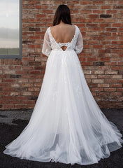 White Deep V-Neck Tulle A-Line Sweep Train Wedding Dress with Lace Appliques and Long Sleeves Back View