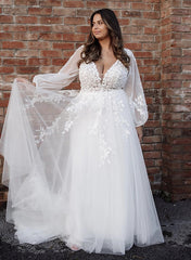 White Deep V-Neck Tulle A-Line Sweep Train Wedding Dress with Lace Appliques and Long Sleeves