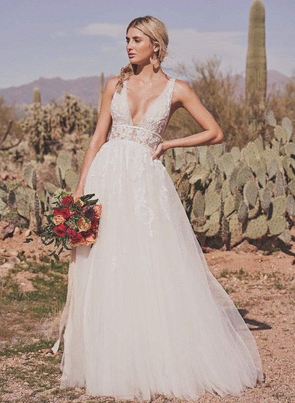 White Deep V-Neck Tulle A-Line Wedding Dress with Lace Appliques