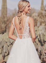 White Deep V-Neck Tulle A-Line Wedding Dress with Lace Appliques Back Detail