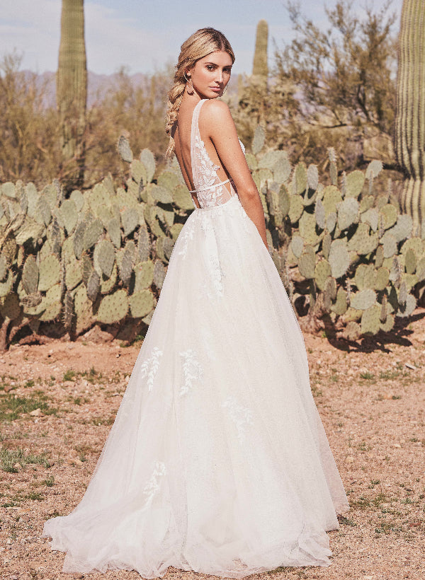 White Deep V-Neck Tulle A-Line Wedding Dress with Lace Appliques Back View