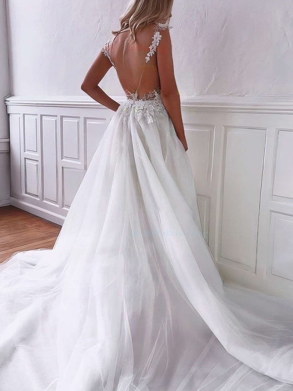 White Deep V-Neck Tulle A-Line Wedding Dress with Lace Appliques and Pockets Back View