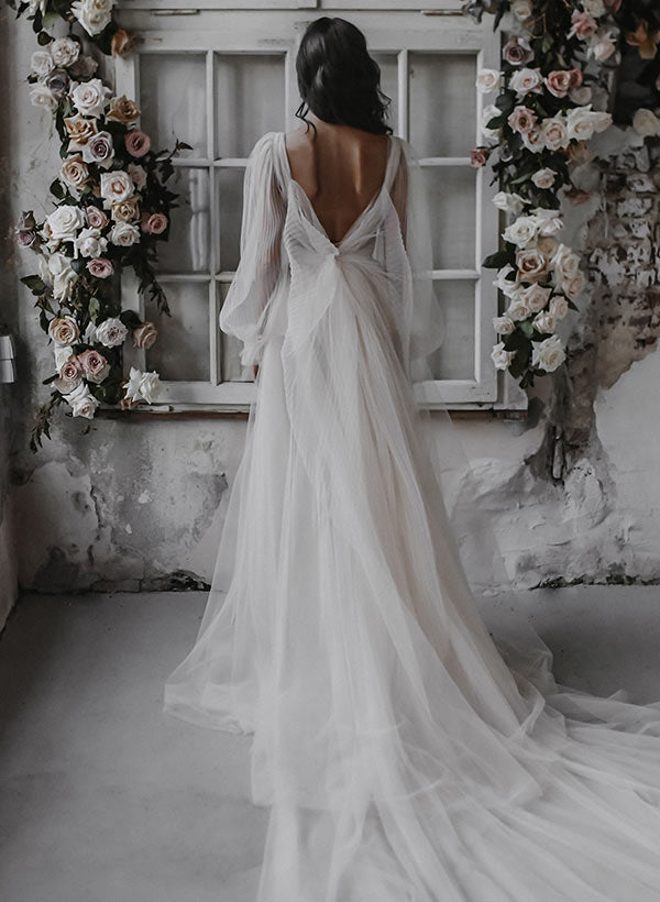 White Deep V-Neck Tulle A-Line Wedding Dress with Long Sleeves Back View