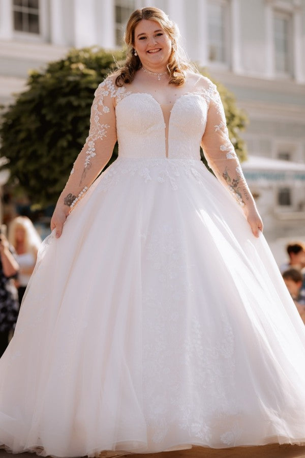 White Deep V-Neck Tulle Ball Gown Wedding Dress with Lace Appliques and Long Sleeves