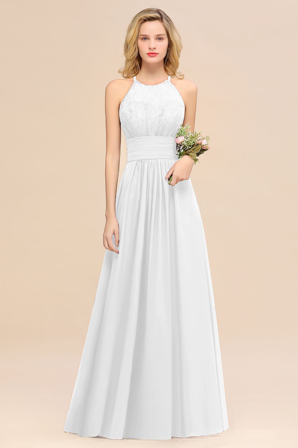 White Halter Chiffon A-Line Long Bridesmaid Dress