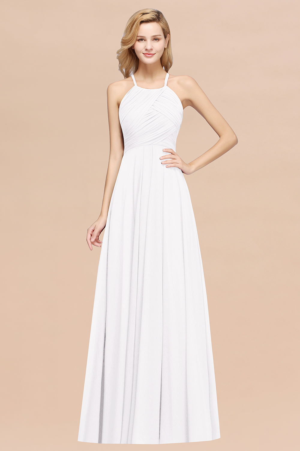White Halter Chiffon A-Line Long Bridesmaid Dress with Ruching