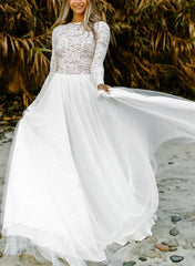 White High Neck A-Line Wedding Dress with Lace Appliques and Long Sleeves