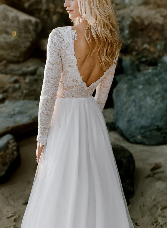 White High Neck A-Line Wedding Dress with Lace Appliques and Long Sleeves Back Detail
