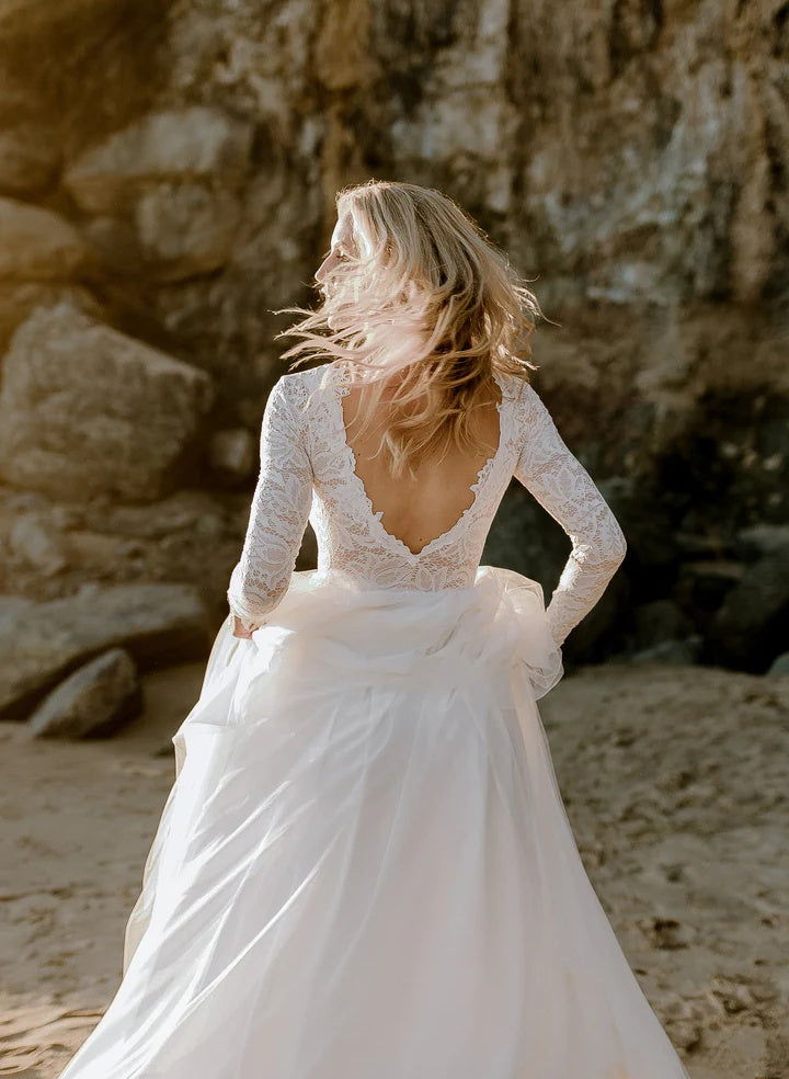White High Neck A-Line Wedding Dress with Lace Appliques and Long Sleeves Back Detail