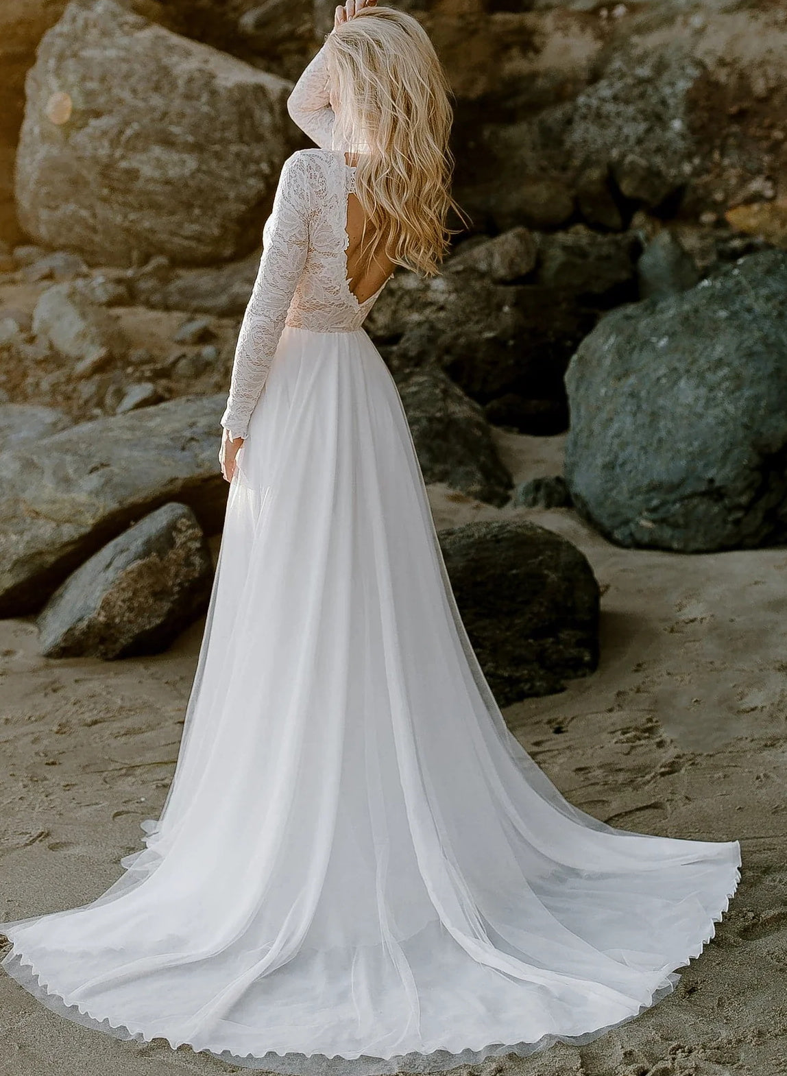 White High Neck A-Line Wedding Dress with Lace Appliques and Long Sleeves Back View