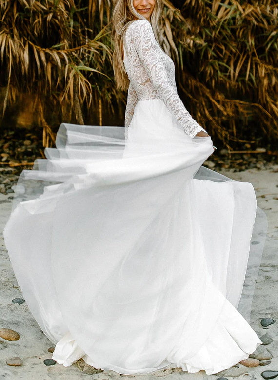 White High Neck A-Line Wedding Dress with Lace Appliques and Long Sleeves Side View