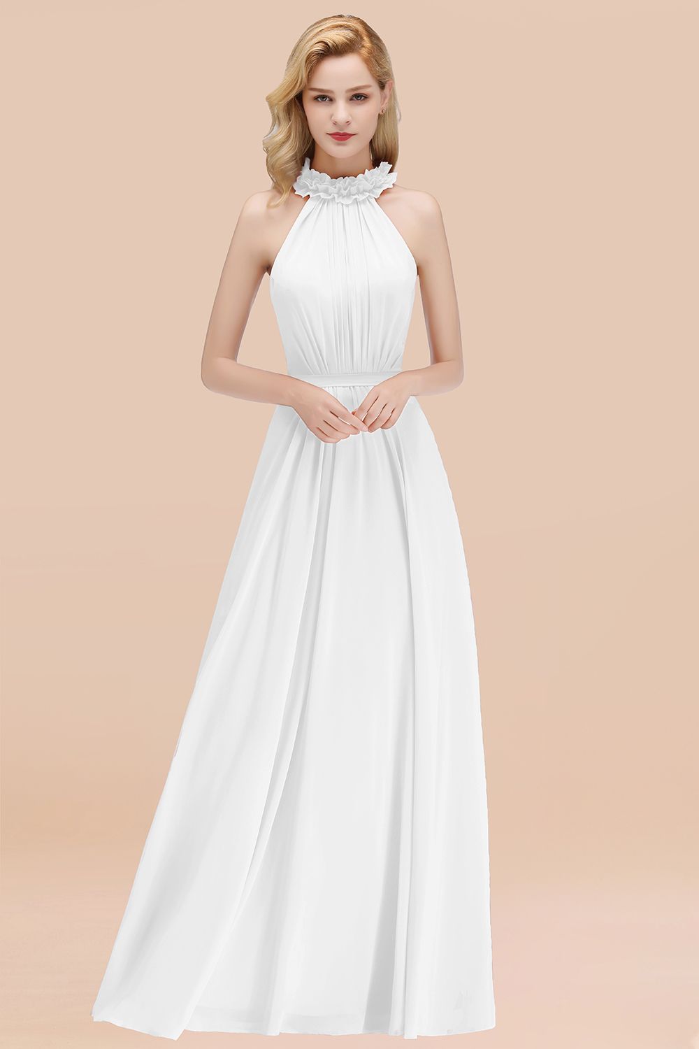White High Neck Chiffon A-Line Long Bridesmaid Dress
