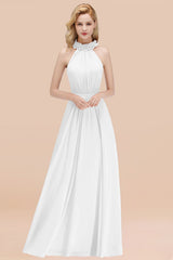 White High Neck Chiffon A-Line Long Bridesmaid Dress