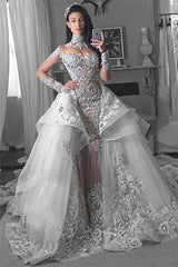 White High Neck Mermaid Chapel Train Wedding Dress with Lace Appliques and Long Sleeves