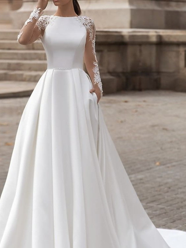 White High Neck Satin A-Line Chapel Train Wedding Dress with Lace Appliques, Long Sleeves and Pockets