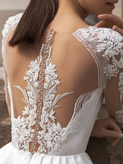 White High Neck Satin A-Line Chapel Train Wedding Dress with Lace Appliques, Long Sleeves and Pockets Back Detail
