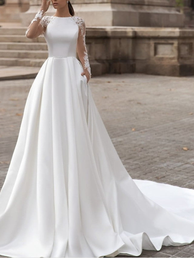 White High Neck Satin A-Line Chapel Train Wedding Dress with Lace Appliques, Long Sleeves and Pockets
