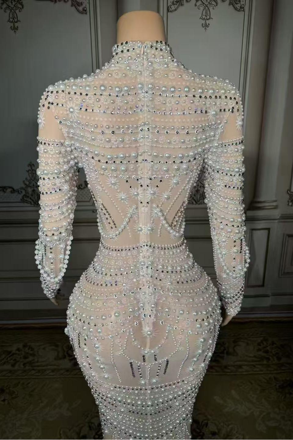 White High Neck Sheath Long Prom Dress with Long Sleeves Back Detail
