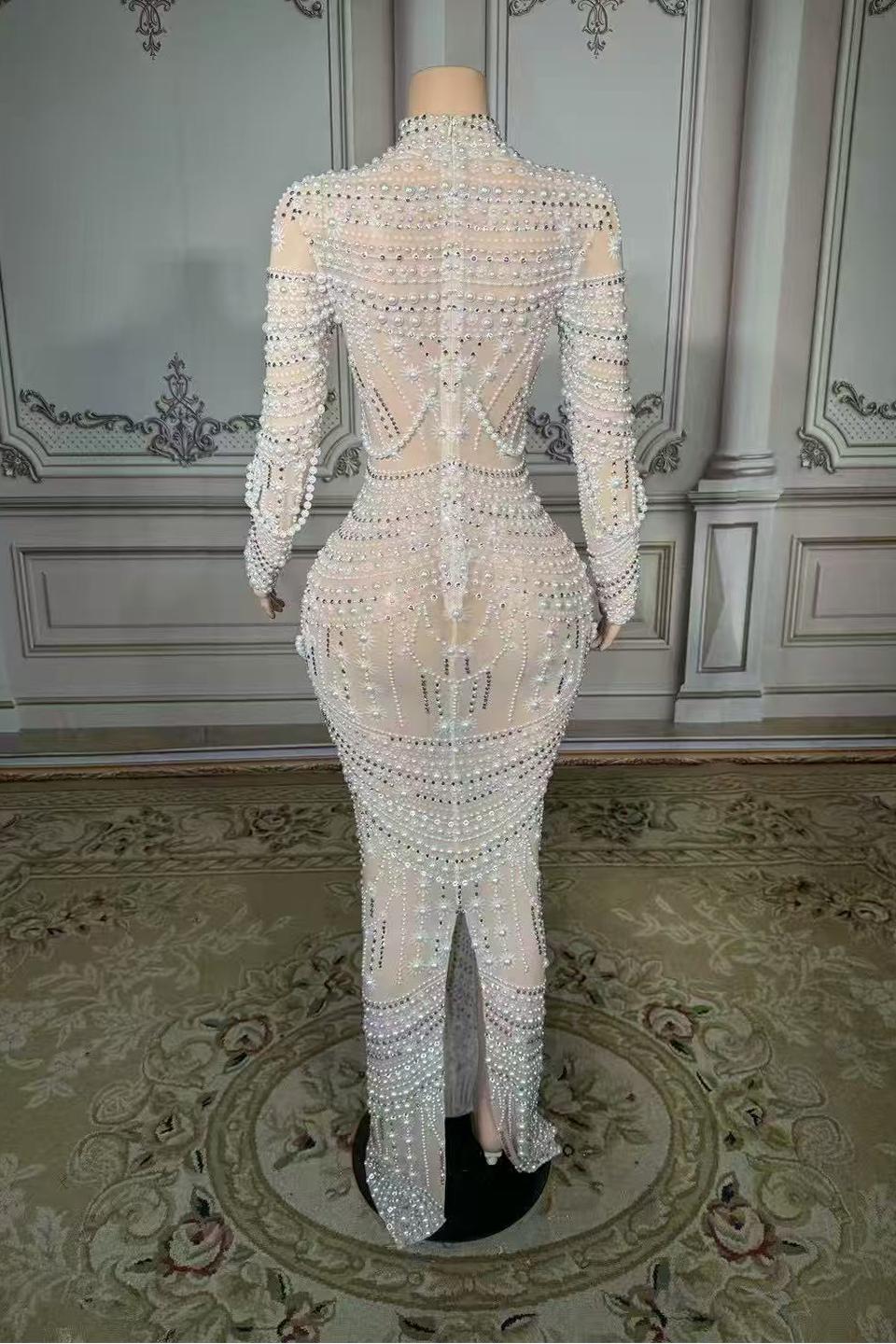 White High Neck Sheath Long Prom Dress with Long Sleeves Back View