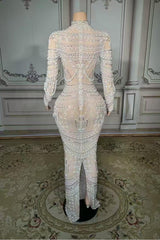 White High Neck Sheath Long Prom Dress with Long Sleeves Back View