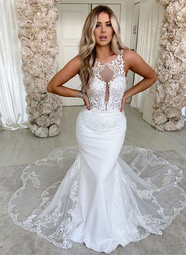 White Mermaid Cathedral Train Wedding Dress with Lace Appliques