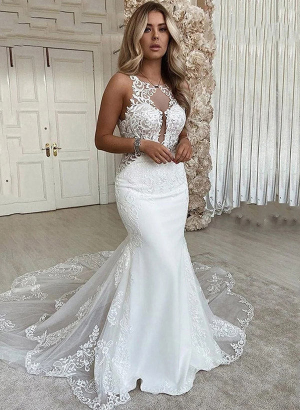White Mermaid Cathedral Train Wedding Dress with Lace Appliques