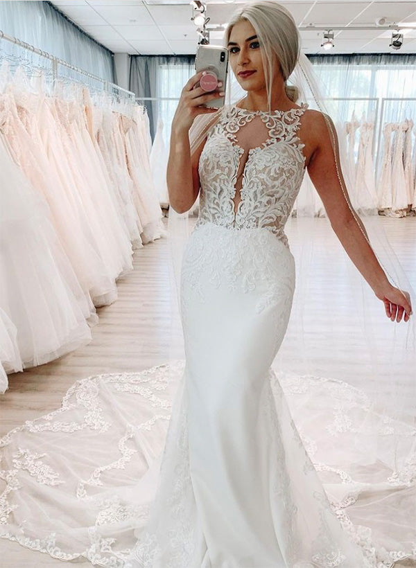 White Mermaid Cathedral Train Wedding Dress with Lace Appliques