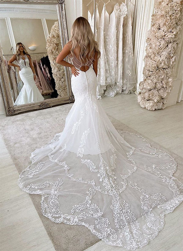 White Mermaid Cathedral Train Wedding Dress with Lace Appliques