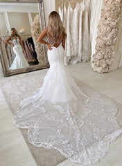 White Mermaid Cathedral Train Wedding Dress with Lace Appliques