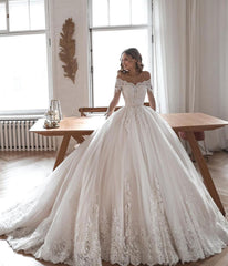 White Off The Shoulder Ball Gown Wedding Dress with Lace Appliques and Long Sleeves