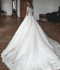 White Off The Shoulder Ball Gown Wedding Dress with Lace Appliques and Long Sleeves Back View