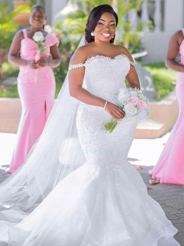 White Off The Shoulder Mermaid Chapel Train Wedding Dress with Lace Appliques