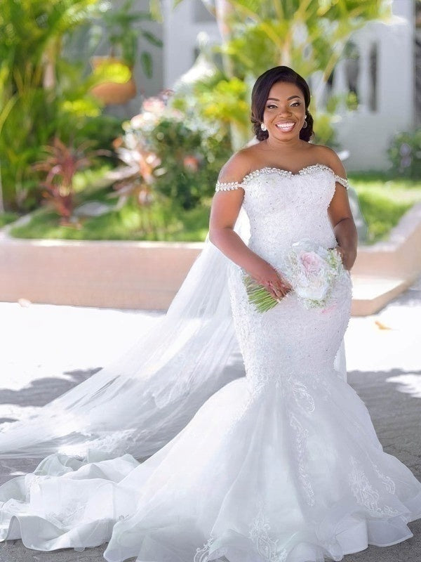 White Off The Shoulder Mermaid Chapel Train Wedding Dress with Lace Appliques