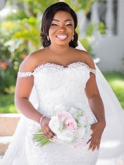 White Off The Shoulder Mermaid Chapel Train Wedding Dress with Lace Appliques Bodice Detail