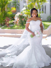White Off The Shoulder Mermaid Chapel Train Wedding Dress with Lace Appliques