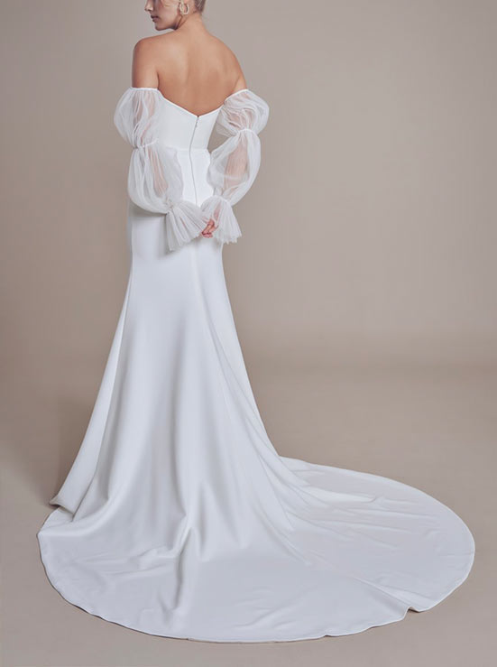 White Off The Shoulder Mermaid Wedding Dress with Long Sleeves Back View